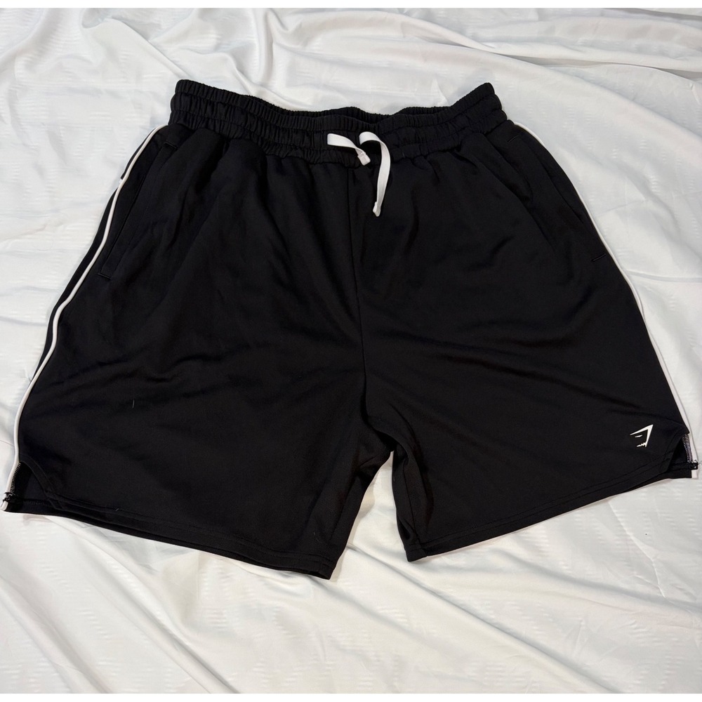 Gymshark Mens Black Athletic Shorts White Piping Mesh Drawstring Size Large